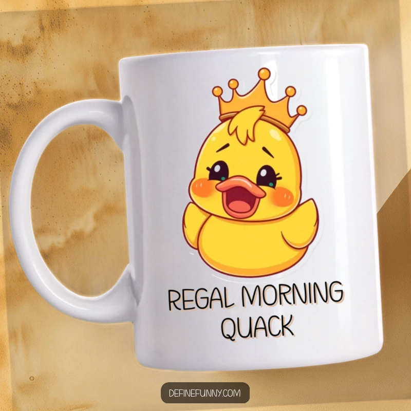 Funny Rubber Ducky Crown Mug: Ceramic mug with a cartoon rubber ducky wearing a golden crown, sporting a shocked overjoyed face, a funny bath time theme.