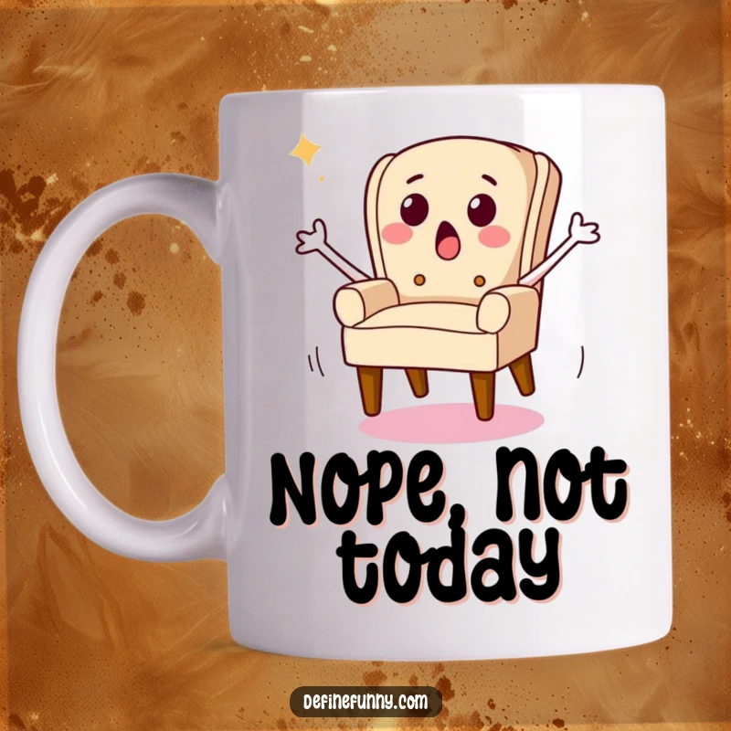 Funny mug featuring a surprised chair character with legs running away in a comical escape, illustrating panic and humor.