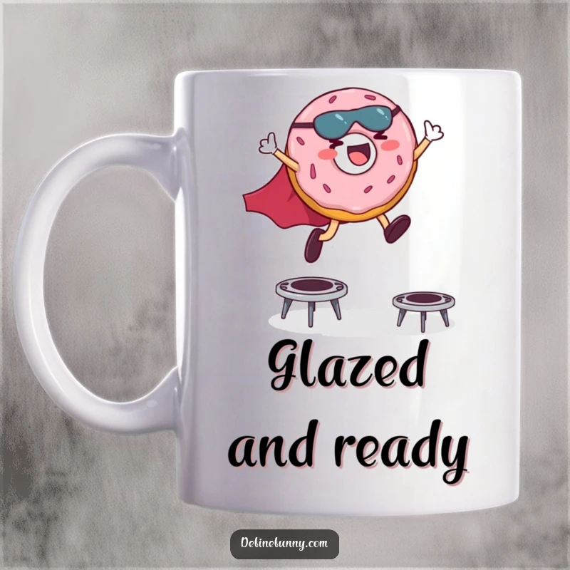 Funny mug featuring a giggling superhero donut in a cape leaping energetically over tiny trampolines, spreading joy.