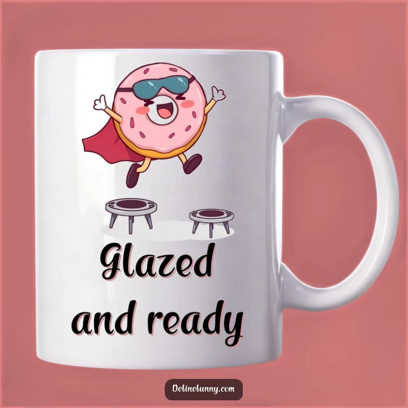 Funny Superhero Donut Mug: Giggling Hero Leaping Over Trampolines Perfect Gift