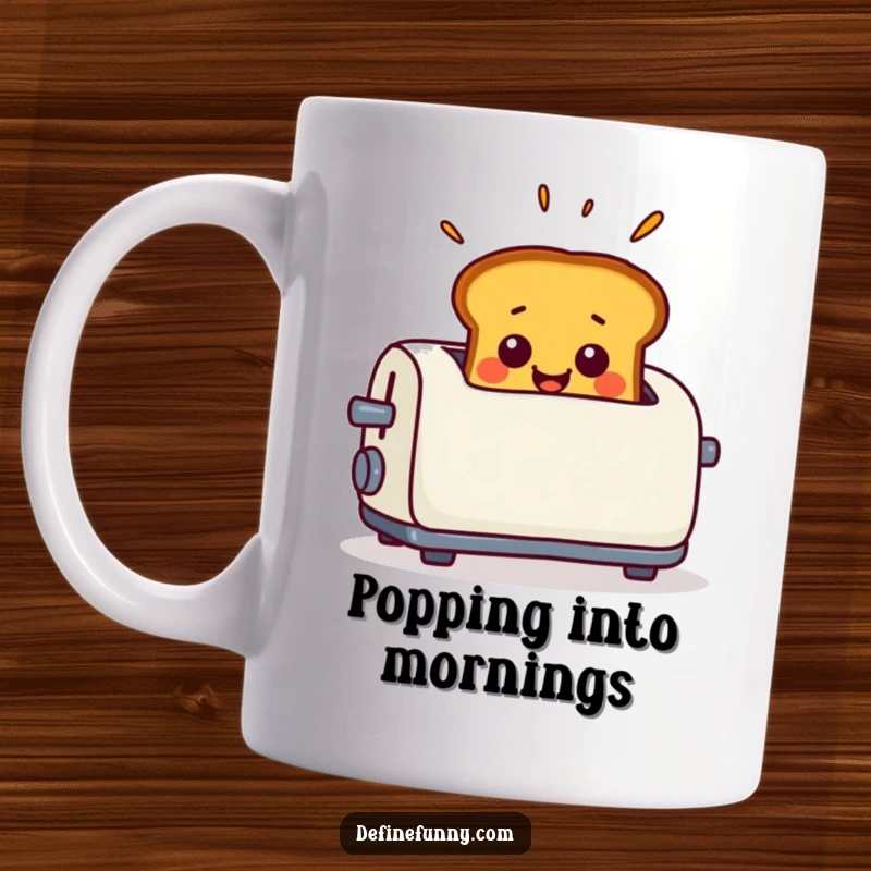Funny Mug featuring smiling toast popping out of a toaster with an expression of exaggerated surprise.