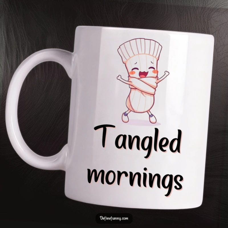 Funny mug depicting a clumsy sock character tied in a knot, comically tripping, illustrating a humorous mishap.