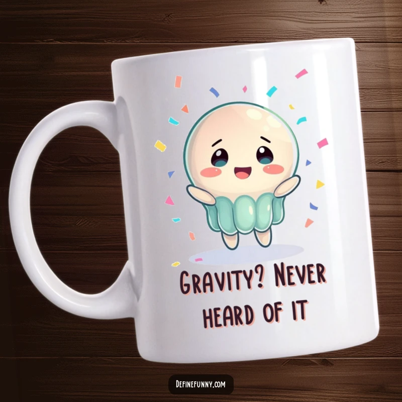 Funny mug with a wobbly jelly character joyfully, yet bewilderedly, trying to catch a falling piano, a perfect humorous gift.
