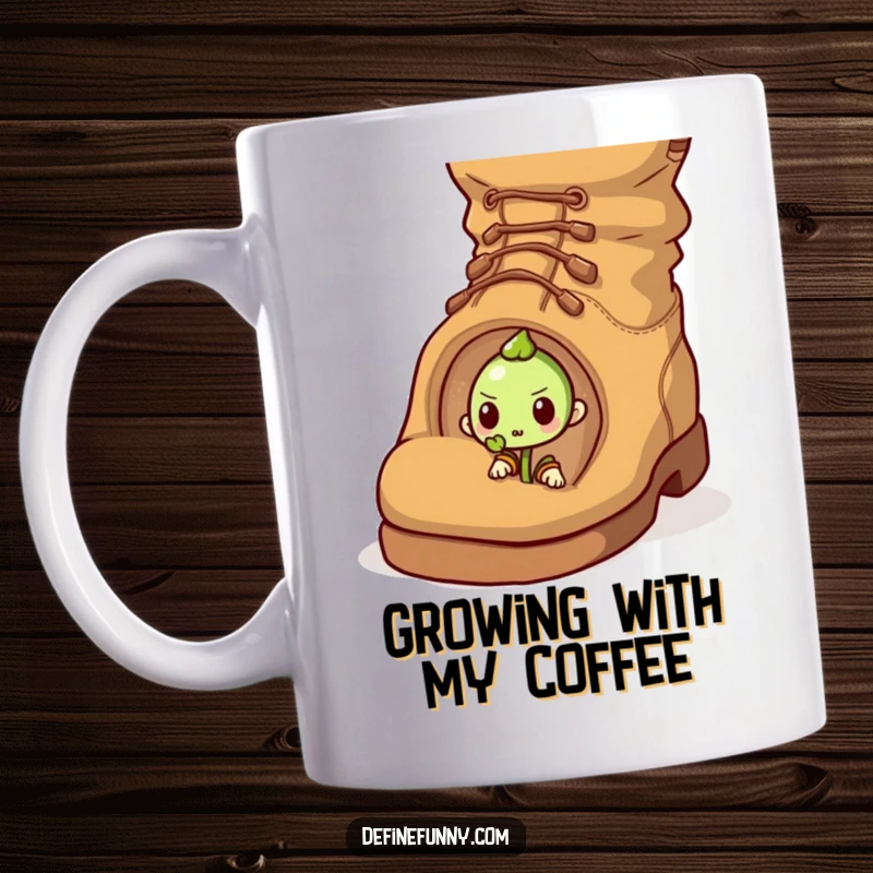 Funny mug featuring a determined sprout pushing through a giant, comical boot, a symbol of strength.