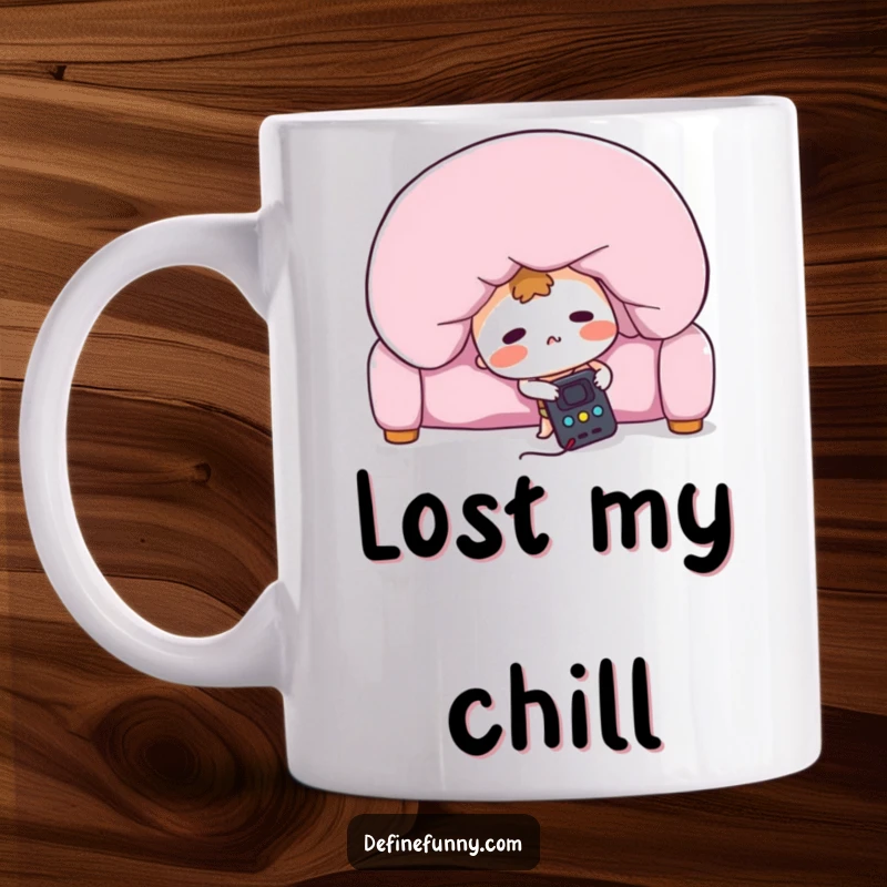 Funny mug depicting a blushing remote control character frantically searching under a giant sofa cushion, illustrating a common struggle.
