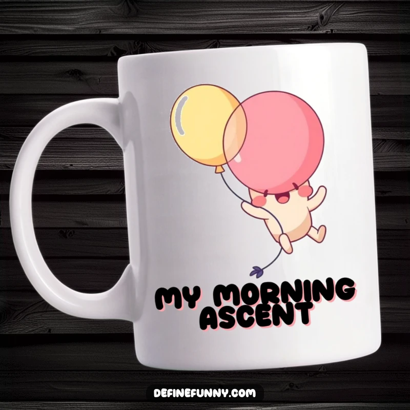 Funny Kawaii balloon character comically self-popping while awkwardly attempting to fly, looking surprised and delighted. A humorous gift.