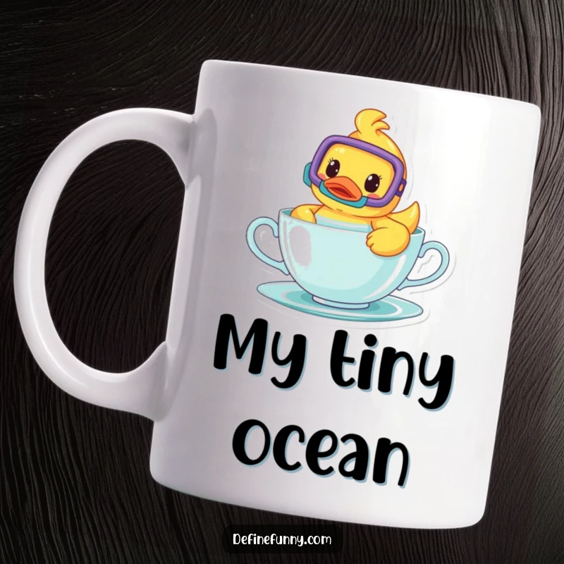 Funny mug with a cheerful rubber ducky wearing a snorkel, playfully swimming inside a teacup, bringing bath time joy.