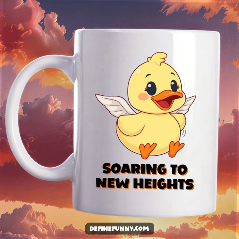 Funny rubber duck character with tiny paper wings, joyfully attempting to fly, printed on a ceramic mug, perfect funny gift.
