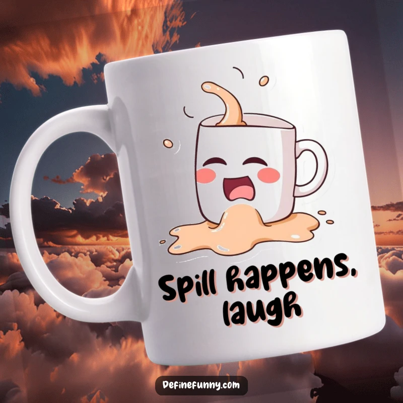Funny Kawaii coffee mug character, spilling its coffee contents while laughing hysterically, depicted on a mug.