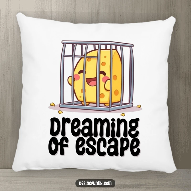 Funny Kawaii cheese character, joyfully trying to escape a small cage, featured on a soft and humorous pillow.