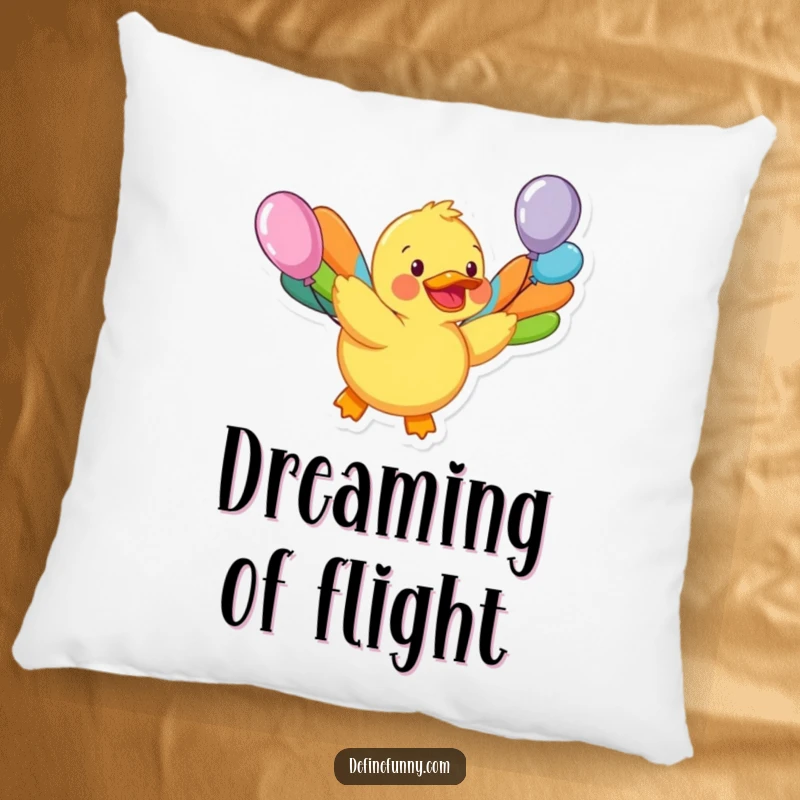 Funny pillow featuring a happy rubber duck with colorful balloon wings attempting flight, a cozy and whimsical decorative item.