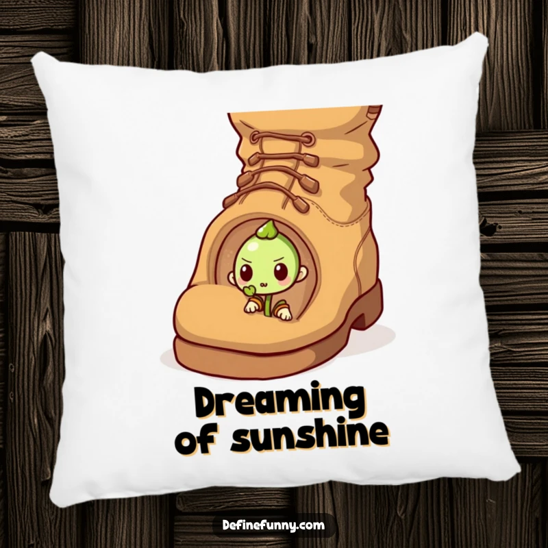 Funny pillow featuring a determined sprout pushing through a giant, comical boot, a cheerful gift.