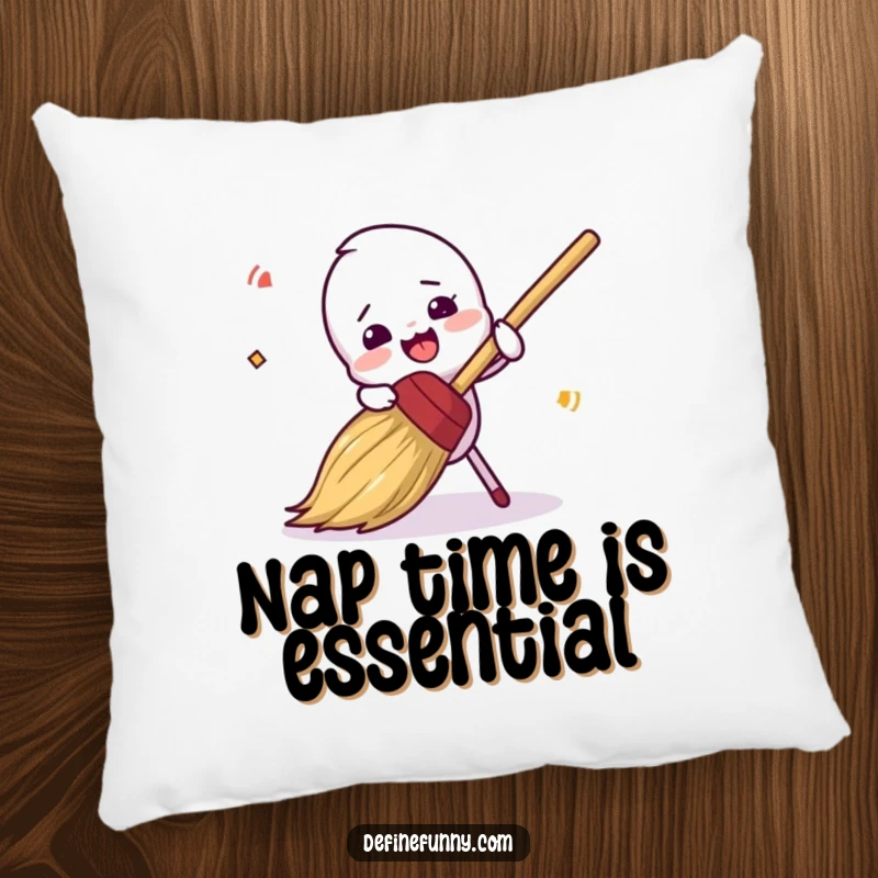 Funny, clumsy broom character tripping, printed on a soft pillow, a delightfully funny gift.