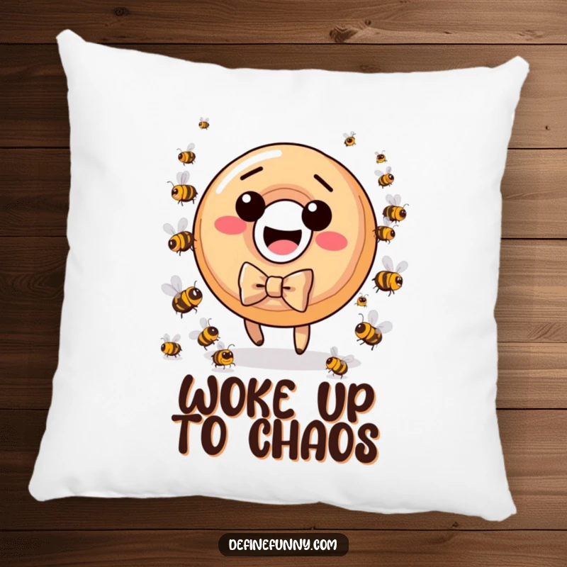 Funny donut character, bow tie, being chased by bees, on a decorative pillow, very humorous.