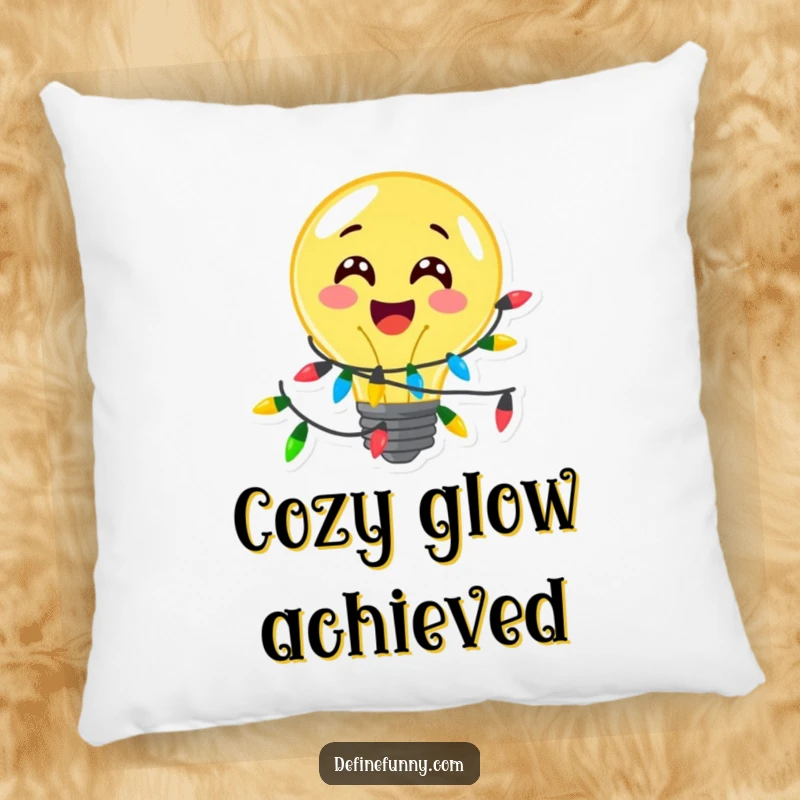 Funny, delighted lightbulb character with festive lights, printed on a soft pillow, a delightful funny gift.
