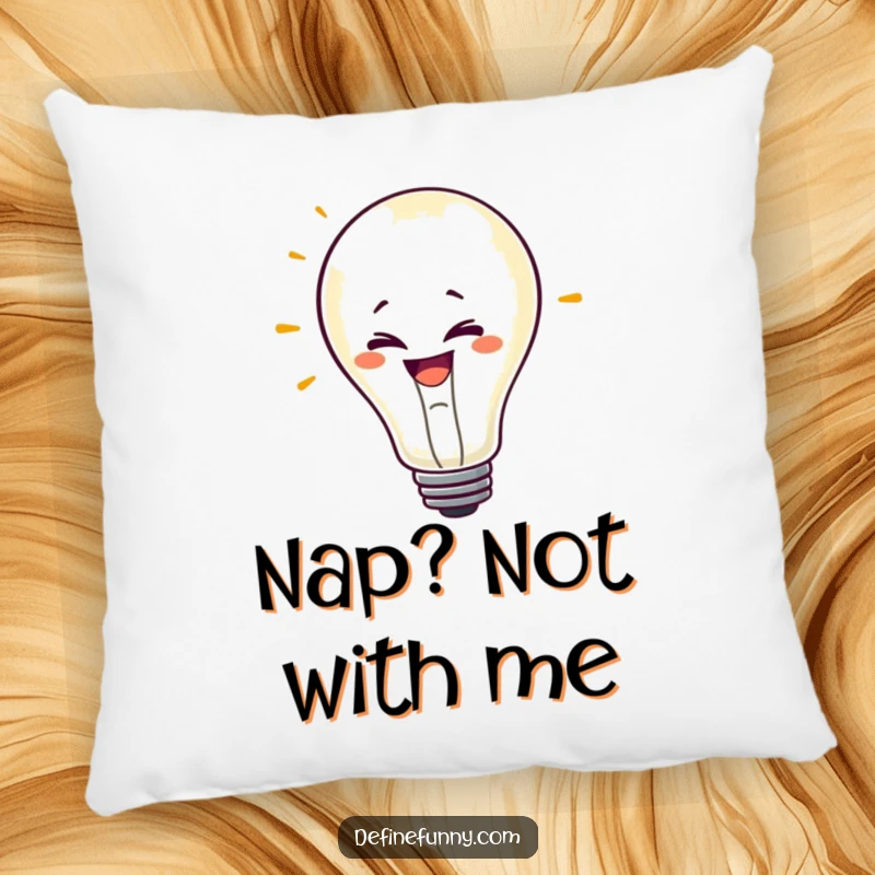 Funny pillow decor showing a mischievous lightbulb character with a grin, flickering erratically, providing comfort and humor.