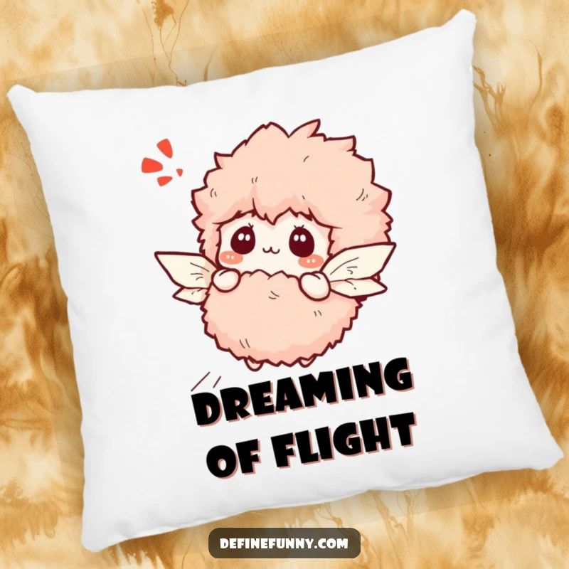 Funny bewildered slipper character with paper wings attempting flight, on a soft decorative pillow.