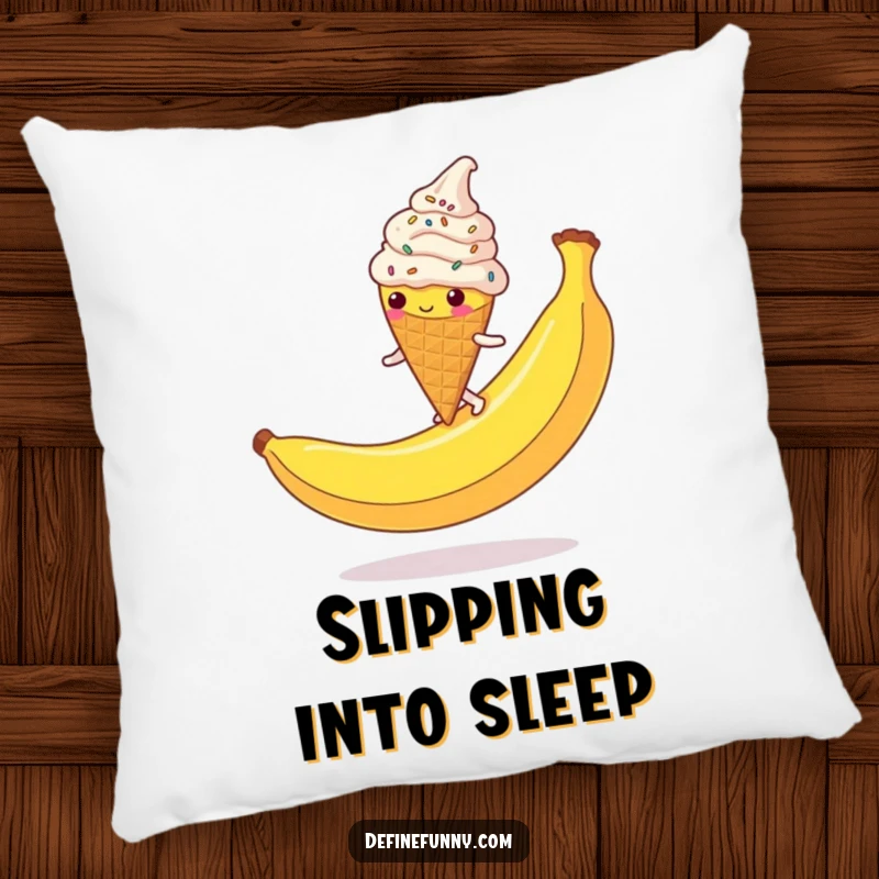 Funny Ice Cream Cone Pillow: A clumsy, sprinkle-covered character slipping on a banana peel, a soft and humorous decorative pillow.