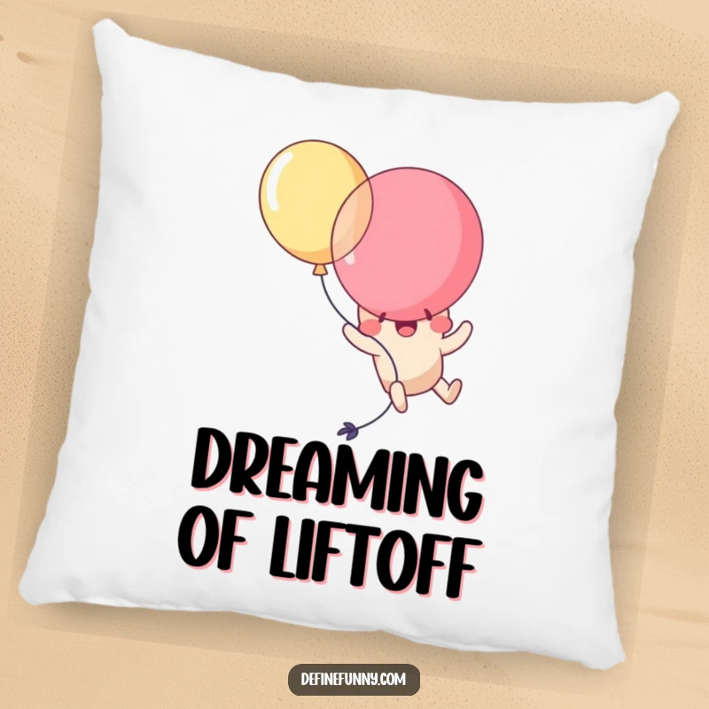 Funny Kawaii balloon character comically popping itself while trying to fly, depicted on a soft, decorative pillow. A humorous accent.