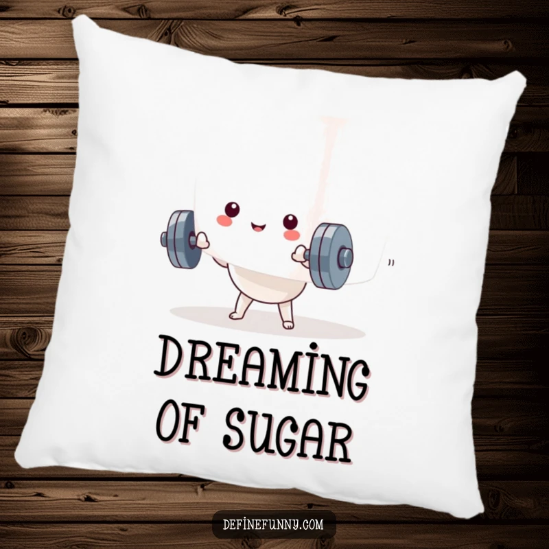 Funny Kawaii dumbbell character attempting to lift a giant marshmallow on a soft, decorative pillow. A humorous accent.