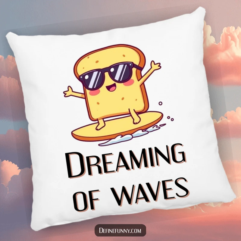 Funny Kawaii toast character wearing sunglasses, surfing a giant crumb, showcased on a soft pillow for maximum comedic comfort and appeal.