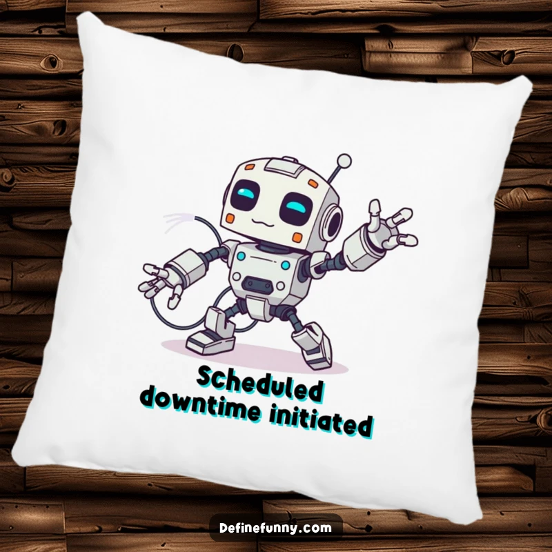 Funny pillow featuring a robot hilariously tripping over its own giant wires, arms flailing, adding a touch of comedy to comfort.