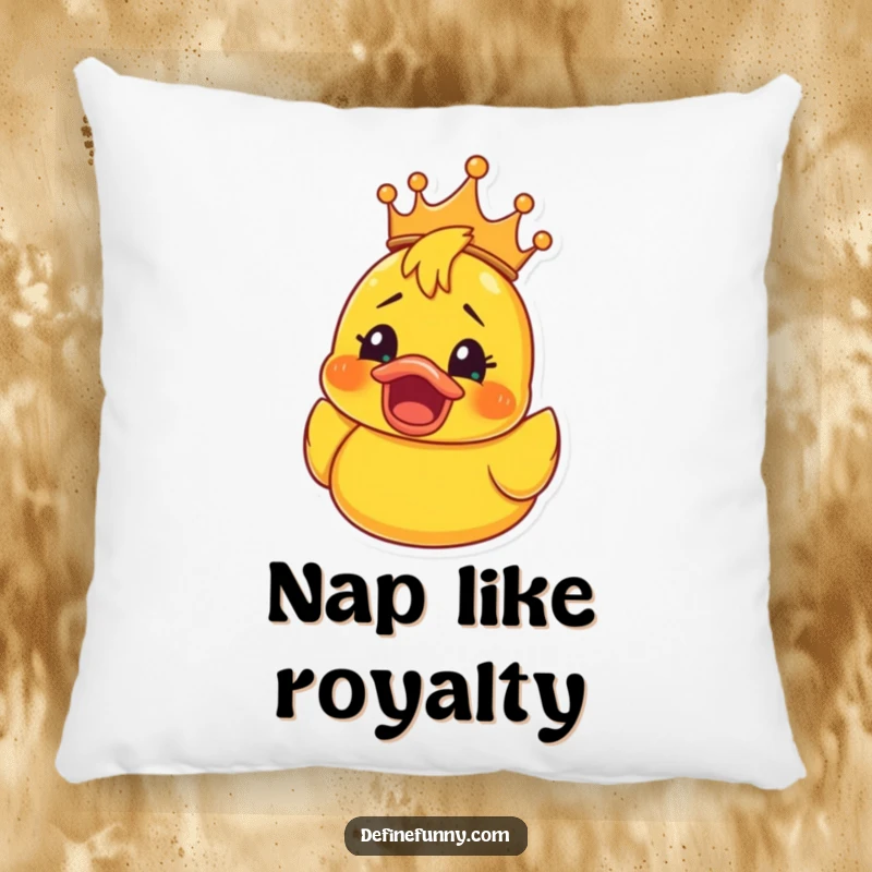 Funny Rubber Ducky Crown Pillow: Soft decorative pillow with a rubber ducky in a crown, its expression a mix of shocked delight, a funny accent.