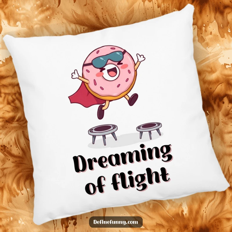 Funny pillow design of a giggling donut character wearing a superhero cape, joyfully leaping over small trampolines.