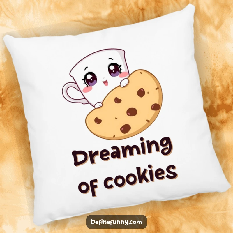 Funny pillow featuring a teacup character with surprised eyes peeking over a giant cookie, a cozy and humorous decorative item.