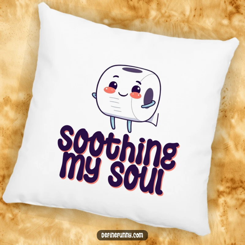 Funny Pillow: Cheerful toilet paper roll character unrolling itself with glee, offering humorous comfort and a touch of lighthearted decor.