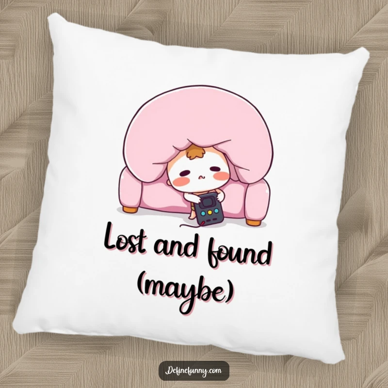 Funny pillow decor featuring a blushing remote control character frantically searching under a giant sofa cushion, providing comfort and humor.
