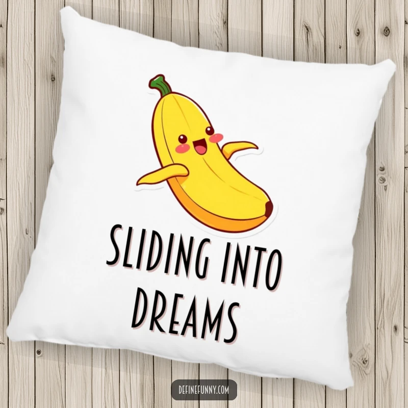 Funny Kawaii banana character with an ecstatic expression, sliding down its peel, offering soft and humorous comfort on a pillow.