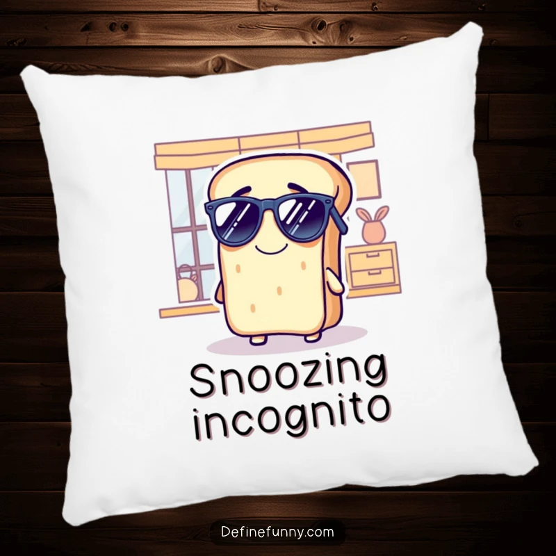 Funny bread pillow showing a grinning loaf comically wearing sunglasses indoors, soft and decorative.