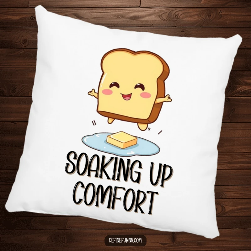 Funny pillow with a smiling toast character mid-jump over a small butter puddle, adding a humorous touch to any room.