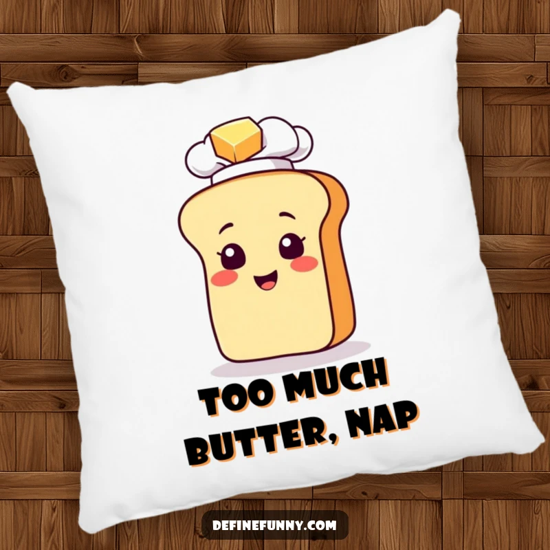 Funny pillow featuring a bread loaf character in a chef hat slipping on butter, a humorous and cozy decorative accent.