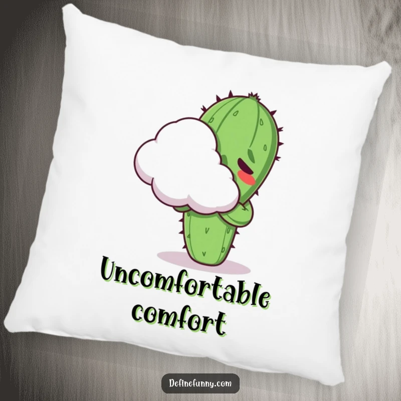 Funny Kawaii cactus character, looking uncomfortable while hugging a cloud, featured on a soft and humorous pillow.