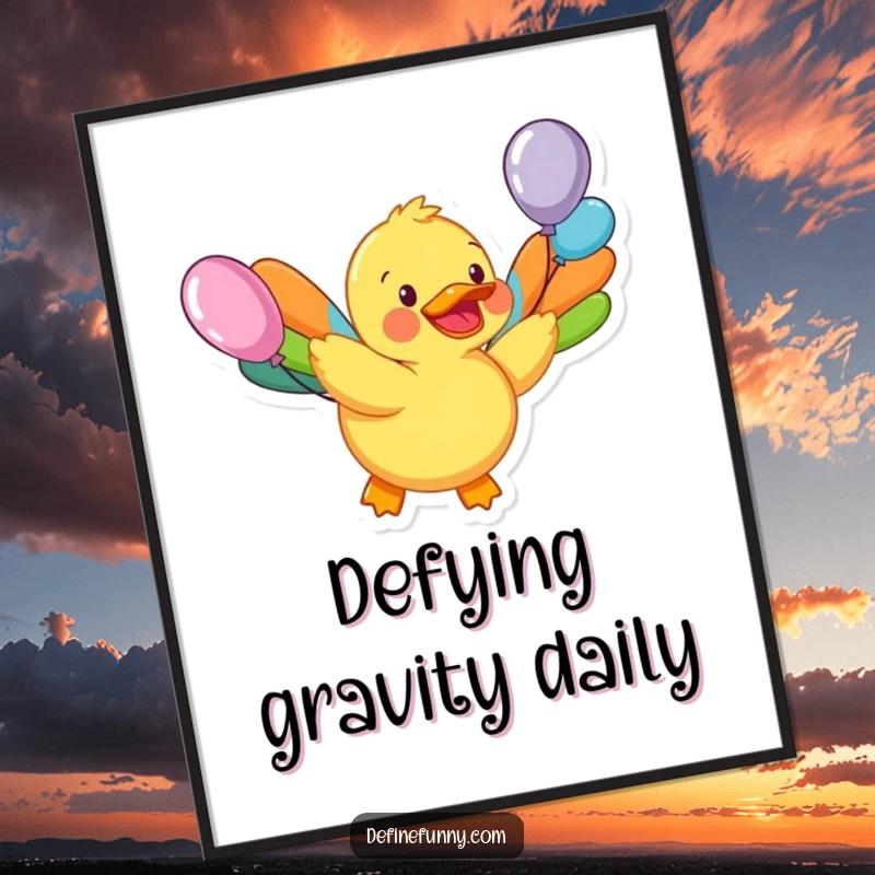 Funny digital art print of a rubber duck with colorful balloon wings attempting flight, a humorous and downloadable design for decor.