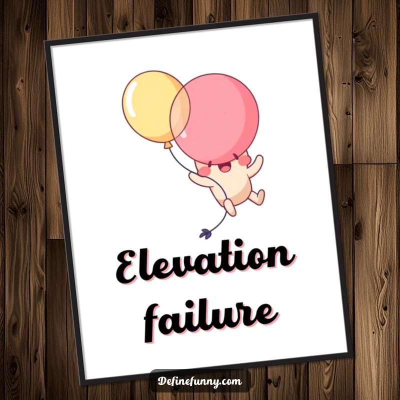 Funny Kawaii balloon character comically popping itself while trying to fly, as a downloadable digital art print. Humorous decor.