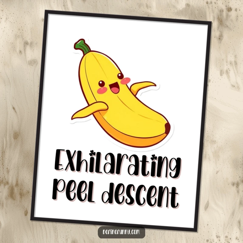 Funny Kawaii banana character in ecstatic motion, sliding down its peel, a high-resolution digital download for instant humorous wall art.