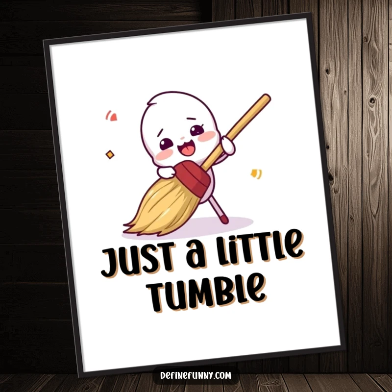 Funny, clumsy broom character comically tripping, as a digital art print, a perfect funny gift.