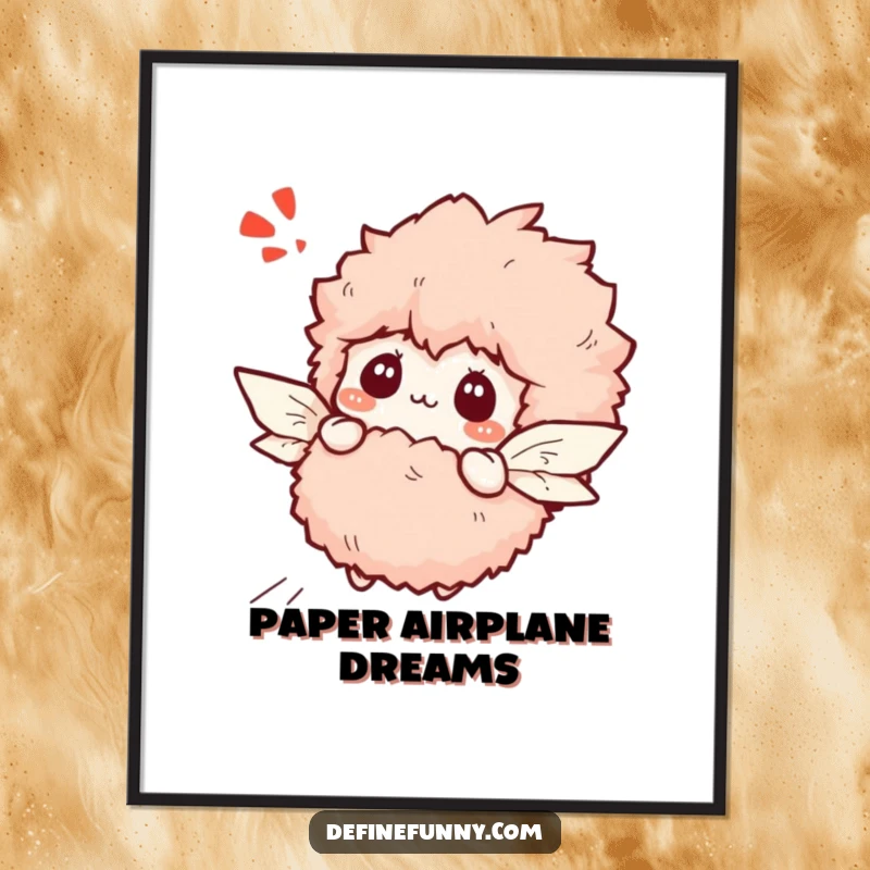 Funny bewildered fluffy slipper character with tiny paper wings attempting flight, digital art print.