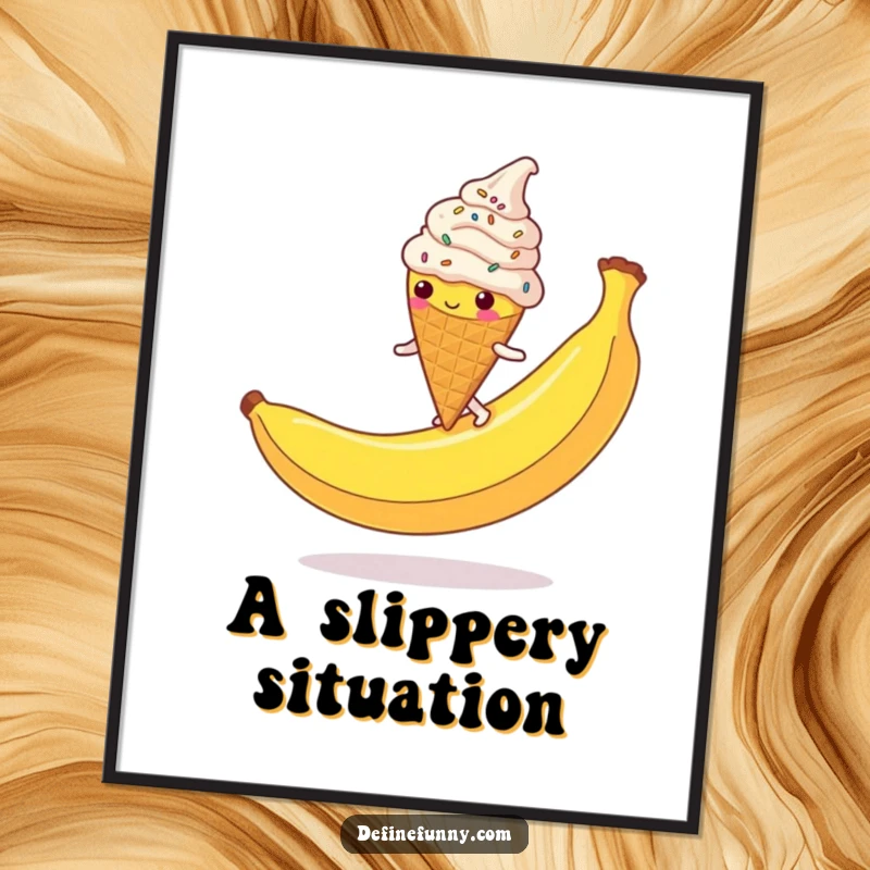 Funny Ice Cream Cone Digital Art: A sprinkle-covered character hilariously slipping on a banana peel, ready to be printed.