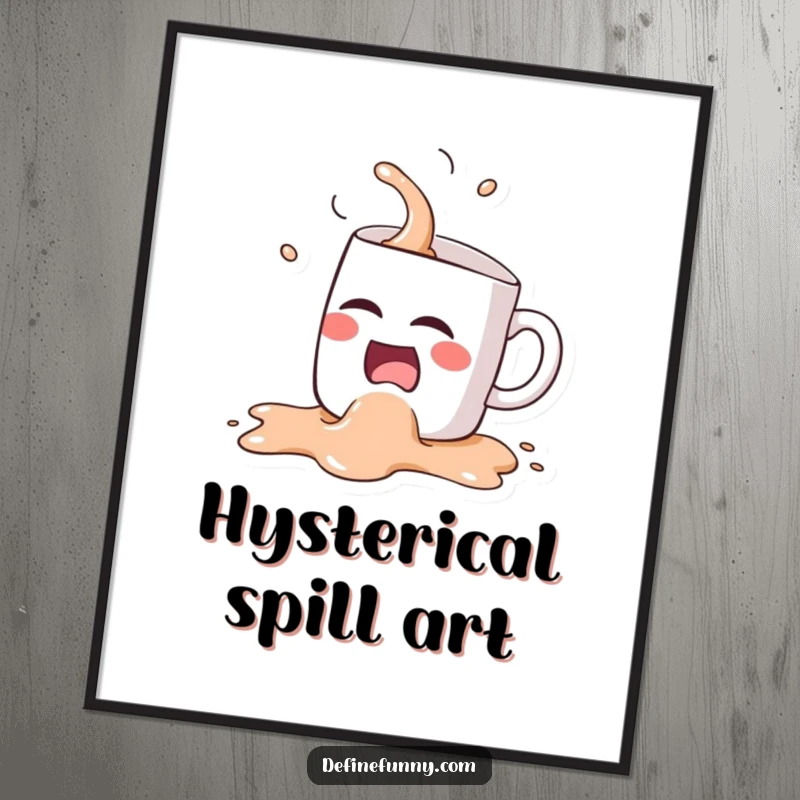 Funny Kawaii coffee mug character, spilling its coffee while laughing hysterically, presented as digital art for humorous decor.