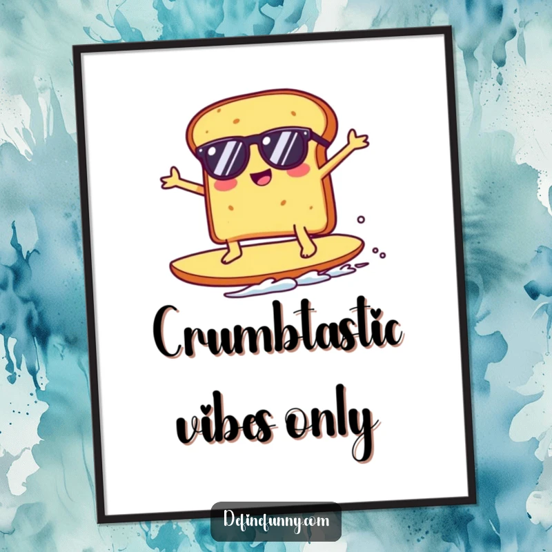 Funny Kawaii toast character with sunglasses surfing a giant crumb, presented as digital art, ready to be printed for humorous wall decor.
