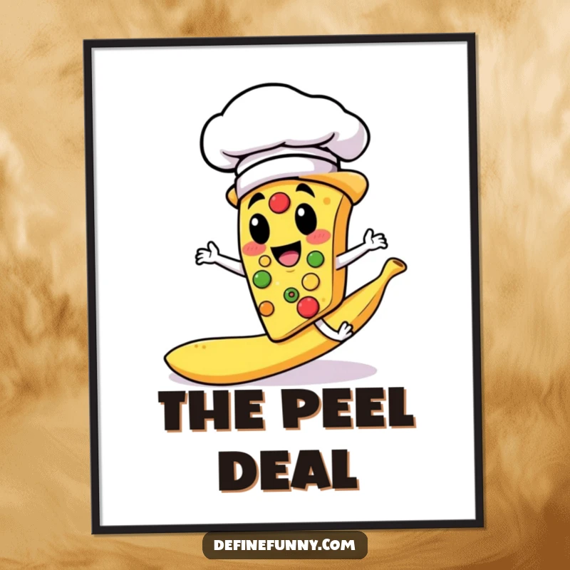 Funny digital art print of a pizza slice character in a chef hat slipping on a banana peel, instantly downloadable humor.