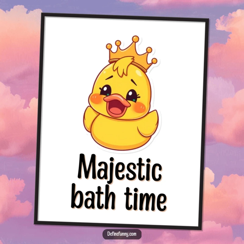 Funny Rubber Ducky Crown Digital Art Print: High-resolution download of a rubber ducky in a crown, its eyes wide with shocked joy, a funny digital decoration.