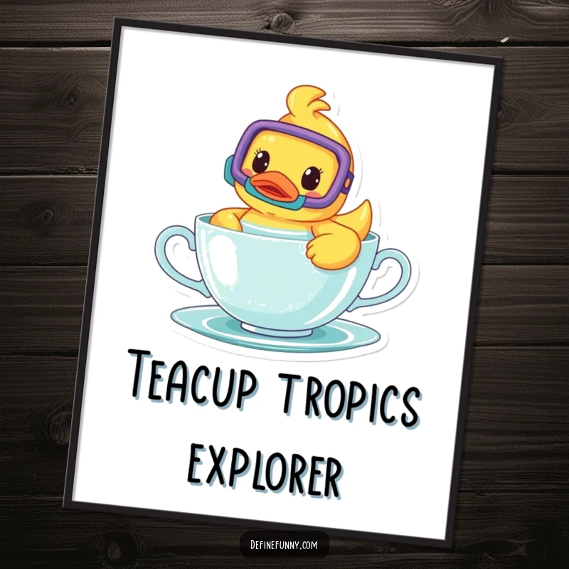 Funny digital art print of a cheerful rubber ducky with snorkel swimming in a teacup, creating a humorous and whimsical scene.