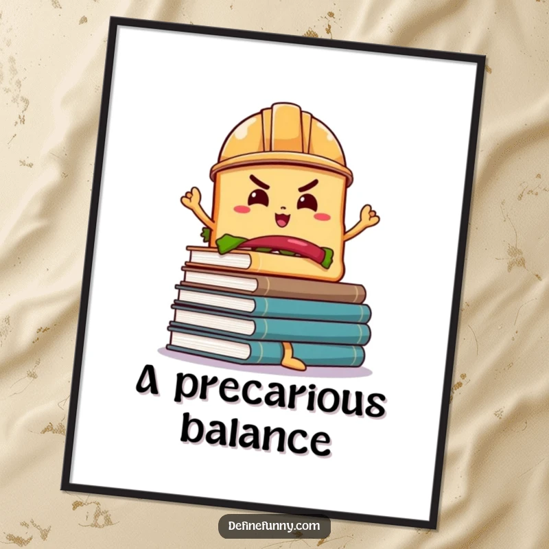 Funny Sandwich Book Balance Digital Art: A determined sandwich in a hard hat balancing wobbly books, ready to print.