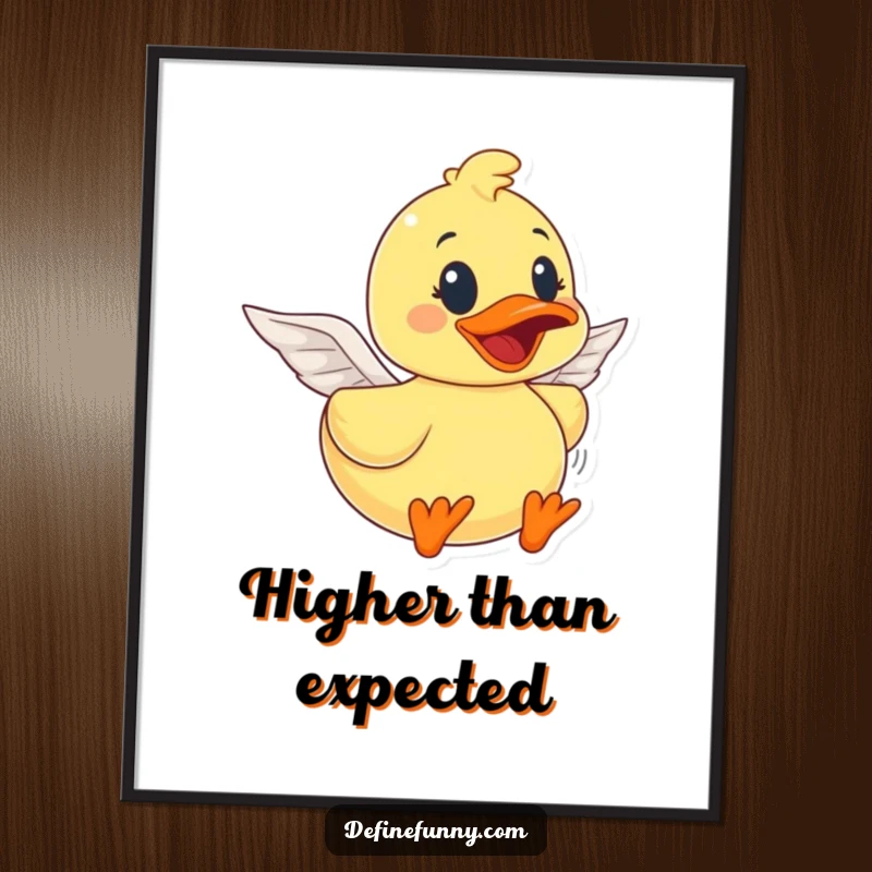 Funny rubber duck character with small paper wings, attempting to fly with joy, as a digital art print, a perfect funny gift.