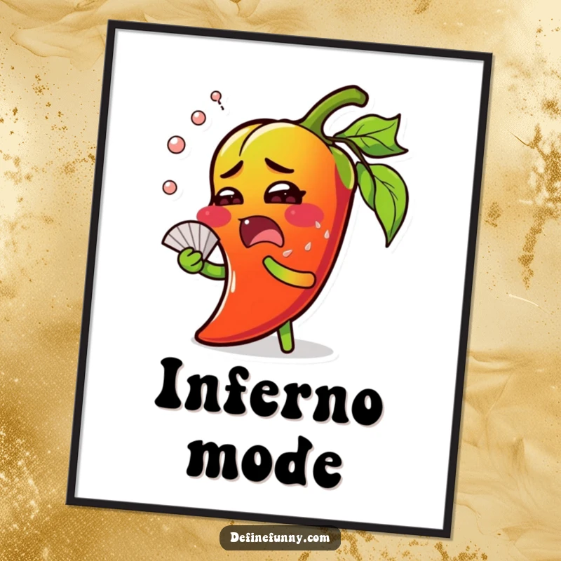 Funny chili pepper digital art print, surprised expression, sweating profusely and fanning itself, spicy design.